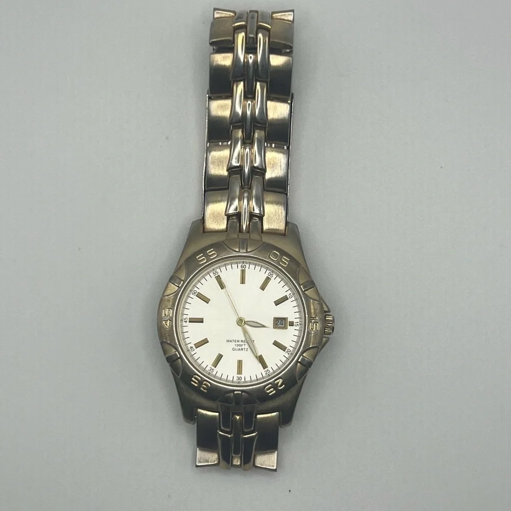 Water Resistant Mens Watch Two Tone Metal Link Bracelet Watch Working